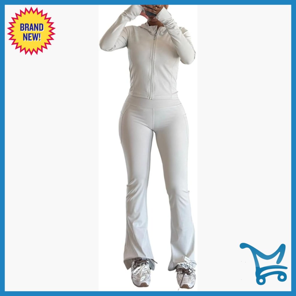 Long Sleeve Zip Jacket & Flare Legging 2-Piece Workout Set With Pockets